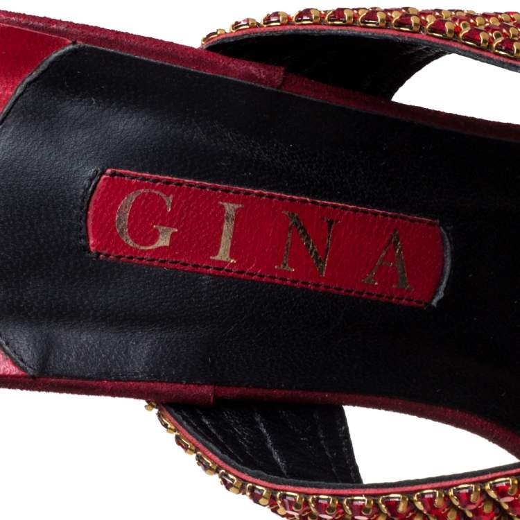 Pre Owned Gina Red Leather Crystal Thong Sandals Size 40