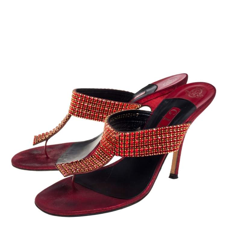 Pre Owned Gina Red Leather Crystal Thong Sandals Size 40