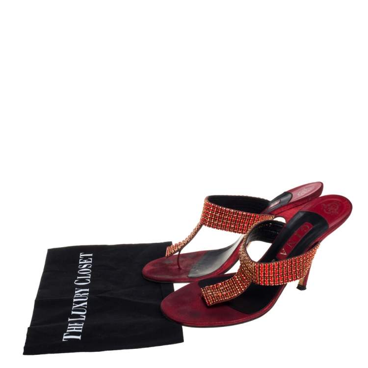 Pre Owned Gina Red Leather Crystal Thong Sandals Size 40