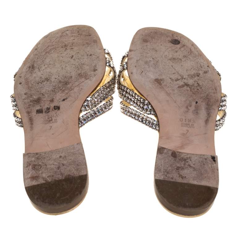 Pre Owned Gina Gold Crystal Embellished Leather Flat Slides Size 40 