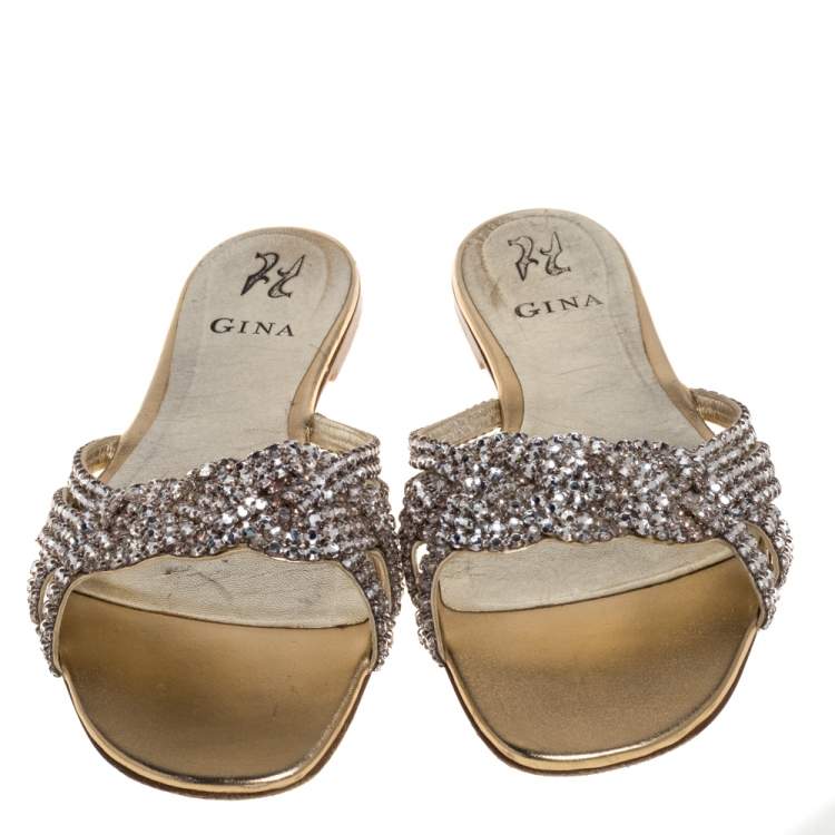 Pre Owned Gina Gold Crystal Embellished Leather Flat Slides Size 40 
