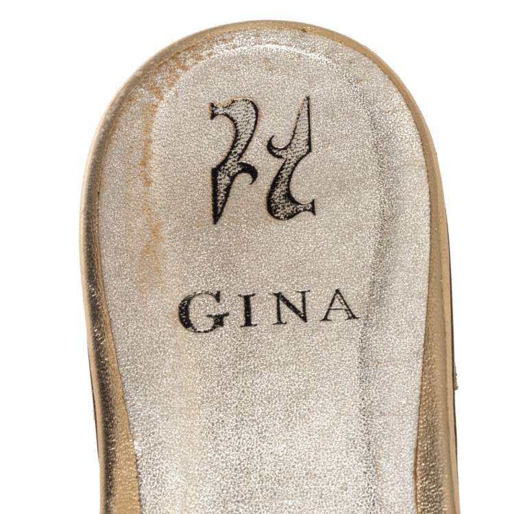 Pre Owned Gina Gold Crystal Embellished Leather Flat Slides Size 40 