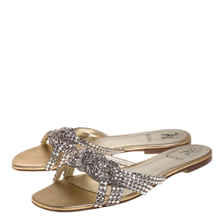 Pre Owned Gina Gold Crystal Embellished Leather Flat Slides Size 40 