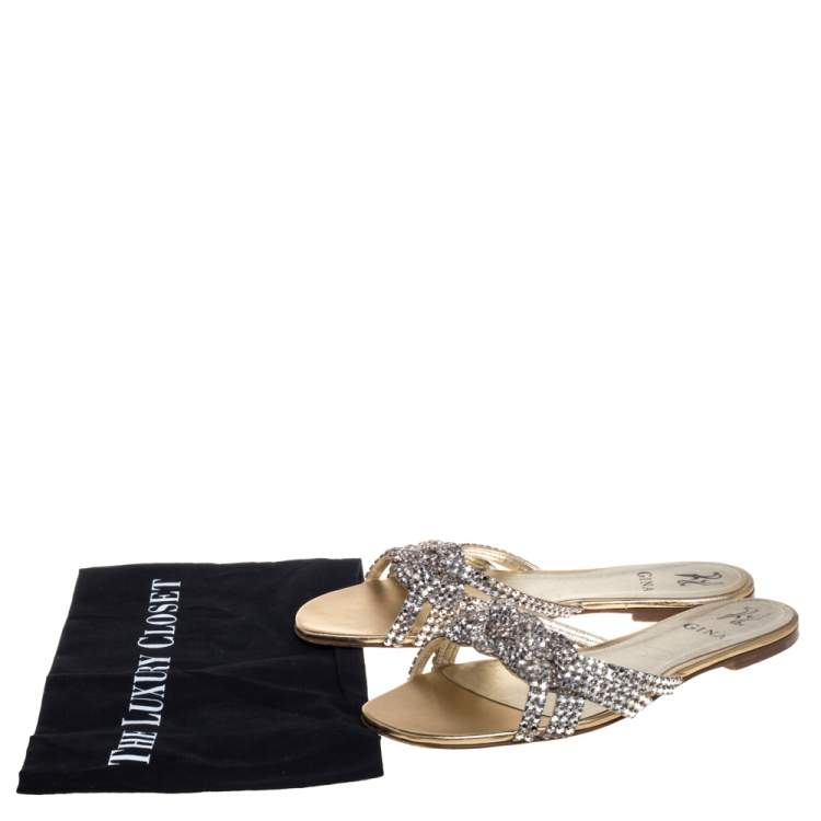 Pre Owned Gina Gold Crystal Embellished Leather Flat Slides Size 40 