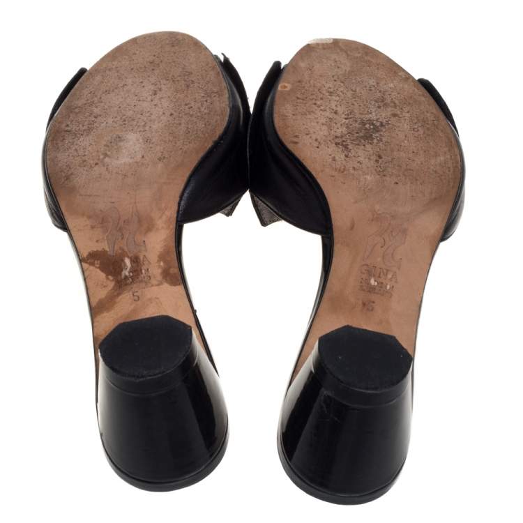 Pre Owned Gina Black Leather Embellished Bow Slide Sandals Size 38