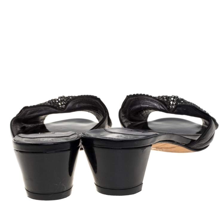 Pre Owned Gina Black Leather Embellished Bow Slide Sandals Size 38