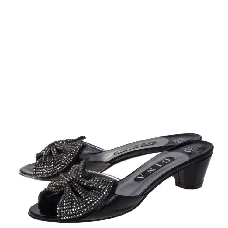 Pre Owned Gina Black Leather Embellished Bow Slide Sandals Size 38
