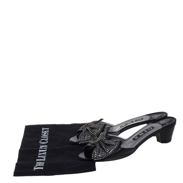 Pre Owned Gina Black Leather Embellished Bow Slide Sandals Size 38