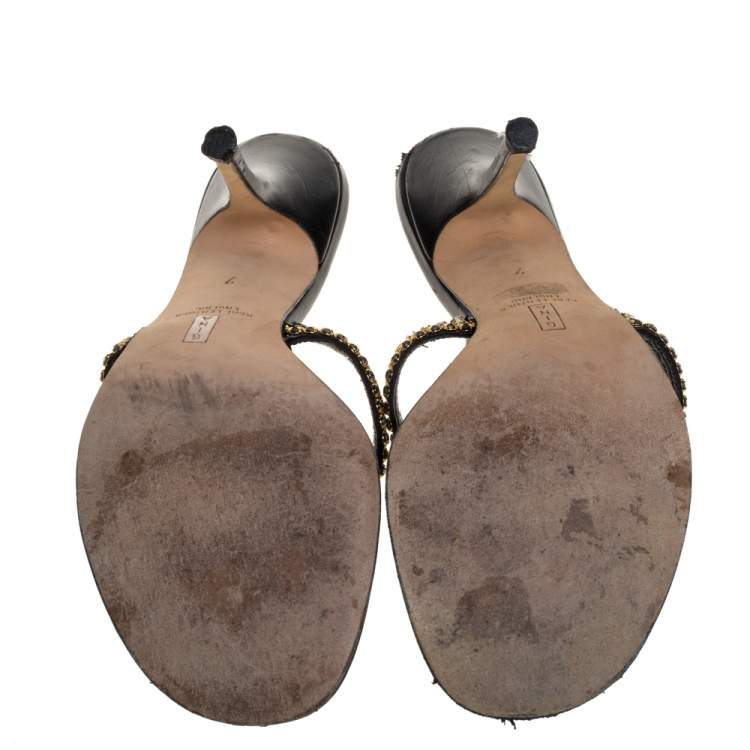 Pre Owned Gina Black/Gold Leather Crystal Embellished Thong Slide Sandals Size 40