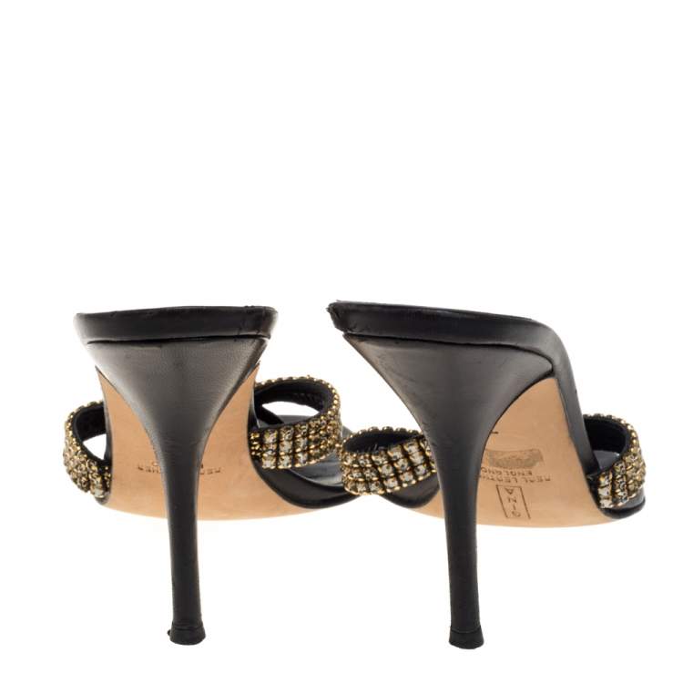 Pre Owned Gina Black/Gold Leather Crystal Embellished Thong Slide Sandals Size 40