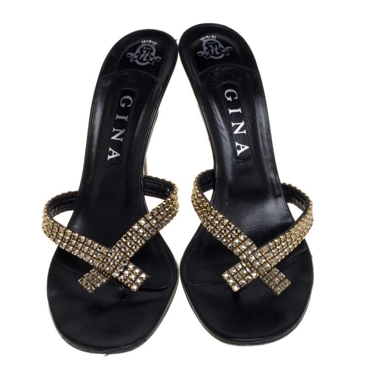 Pre Owned Gina Black/Gold Leather Crystal Embellished Thong Slide Sandals Size 40