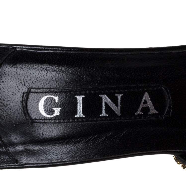 Pre Owned Gina Black/Gold Leather Crystal Embellished Thong Slide Sandals Size 40