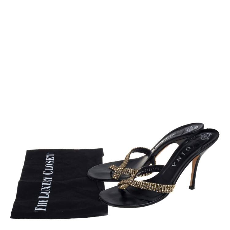 Pre Owned Gina Black/Gold Leather Crystal Embellished Thong Slide Sandals Size 40