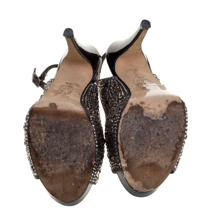 Pre Owned Gina Grey Satin Crystal Embellished Peep Toe Platform Slingback Sandals Size 37.5