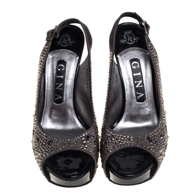 Pre Owned Gina Grey Satin Crystal Embellished Peep Toe Platform Slingback Sandals Size 37.5