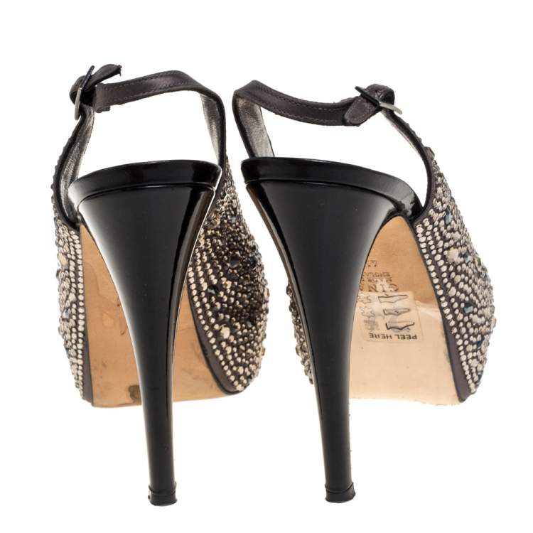 Pre Owned Gina Grey Satin Crystal Embellished Peep Toe Platform Slingback Sandals Size 37.5