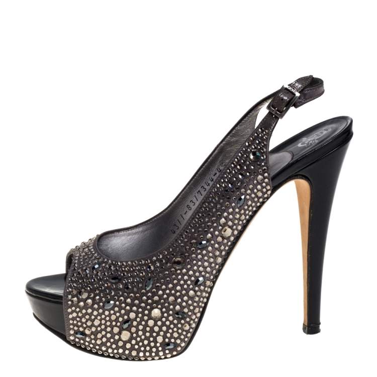 Pre Owned Gina Grey Satin Crystal Embellished Peep Toe Platform Slingback Sandals Size 37.5