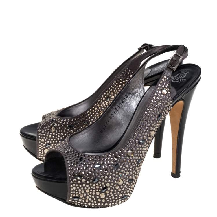 Pre Owned Gina Grey Satin Crystal Embellished Peep Toe Platform Slingback Sandals Size 37.5