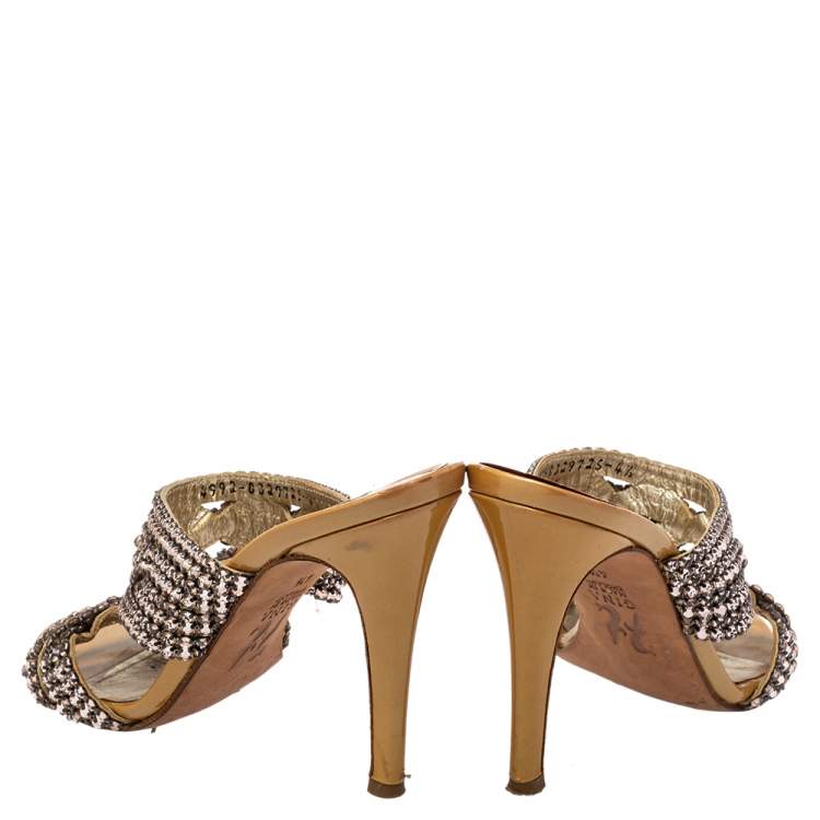 Pre Owned Gina Metallic Gold Crystal Embellished Leather Slide Sandals Size 37.5