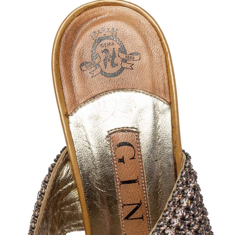 Pre Owned Gina Metallic Gold Crystal Embellished Leather Slide Sandals Size 37.5