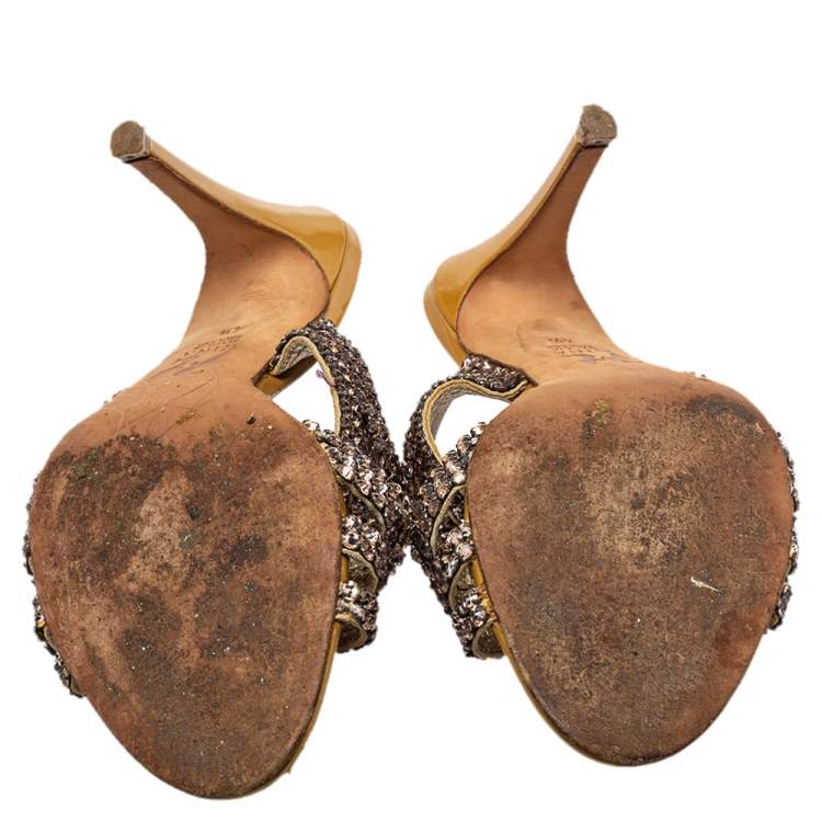 Pre Owned Gina Metallic Gold Crystal Embellished Leather Slide Sandals Size 37.5