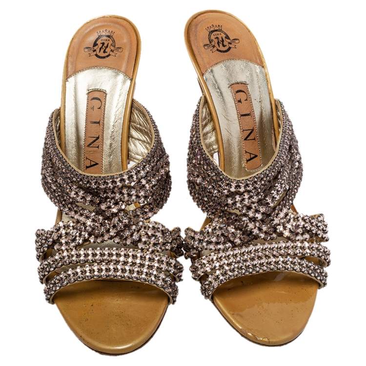 Pre Owned Gina Metallic Gold Crystal Embellished Leather Slide Sandals Size 37.5