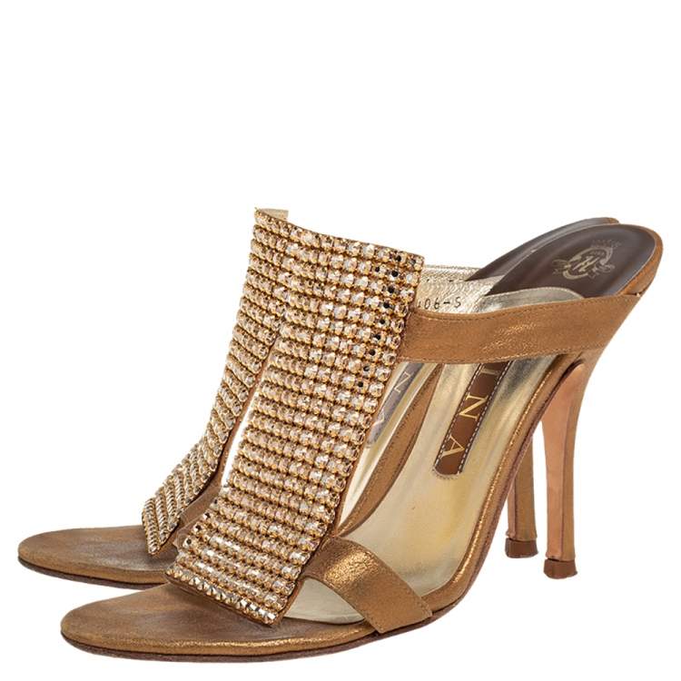 Pre Owned Gina Gold Leather and Crystal Embellished Slide Sandals Size 38