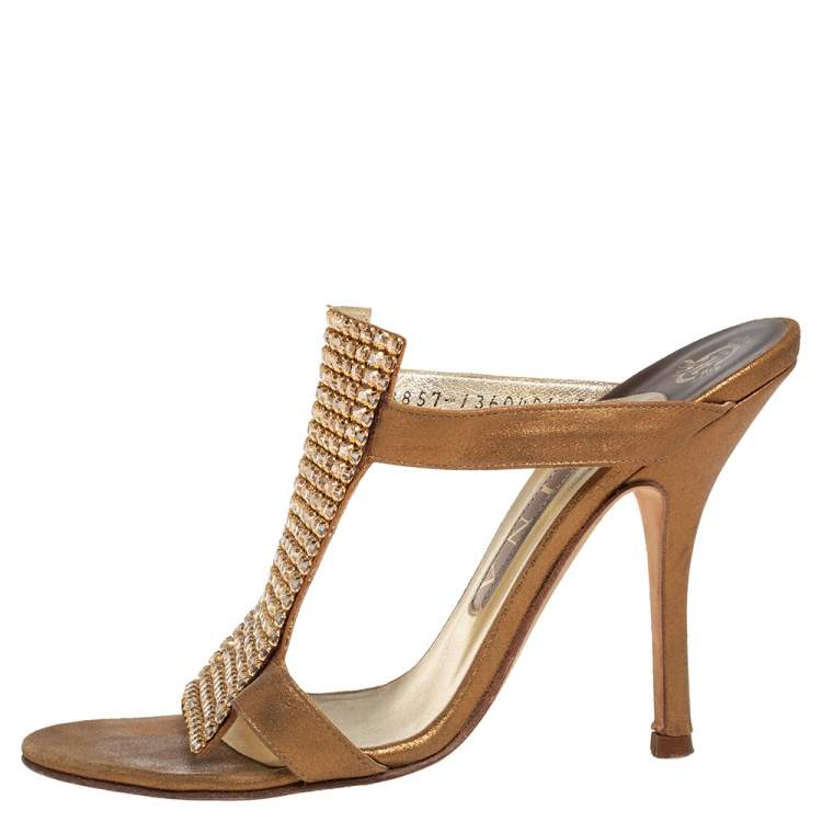 Pre Owned Gina Gold Leather and Crystal Embellished Slide Sandals Size 38