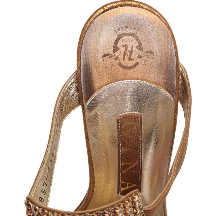 Pre Owned Gina Gold Leather and Crystal Embellished Slide Sandals Size 38