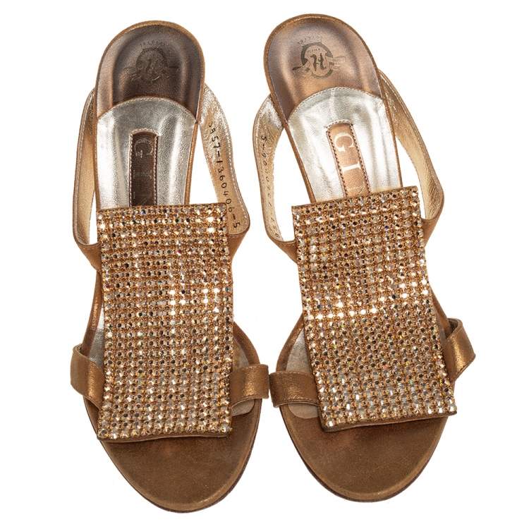 Pre Owned Gina Gold Leather and Crystal Embellished Slide Sandals Size 38