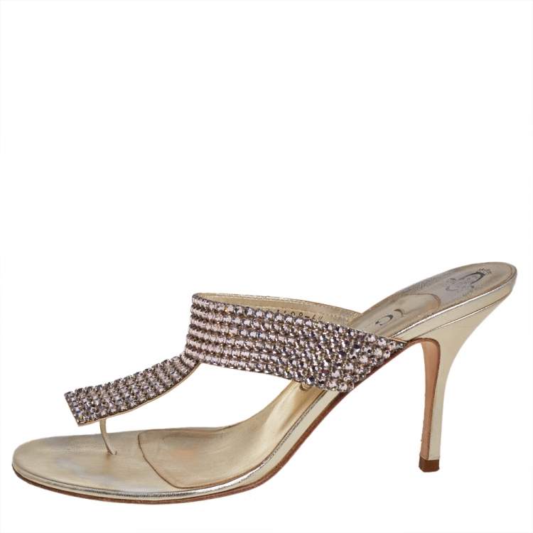Pre Owned Gina Gold Leather Crystal Embellished Slip On Sandals Size 39.5