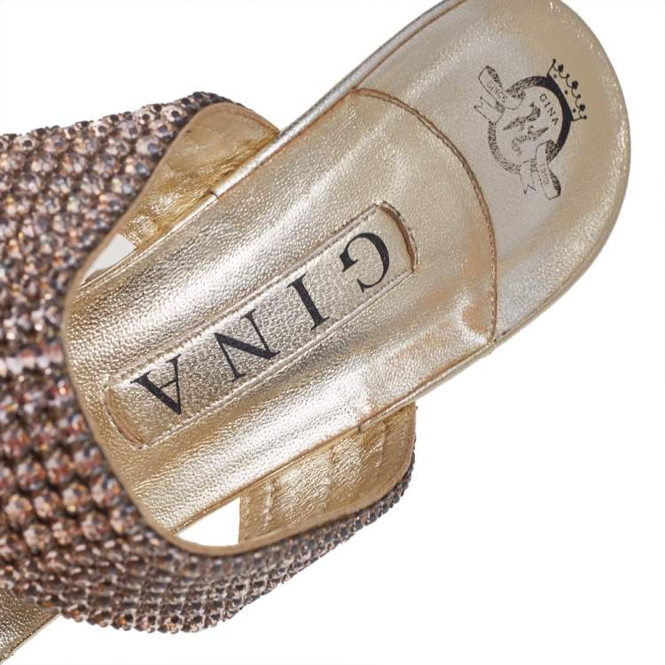 Pre Owned Gina Gold Leather Crystal Embellished Slip On Sandals Size 39.5