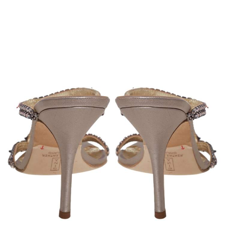 Pre Owned Gina Pink Crystal Embellished Leather Mule Sandals Size 38