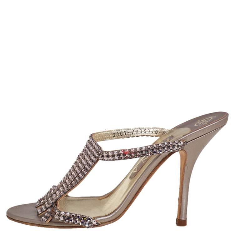 Pre Owned Gina Pink Crystal Embellished Leather Mule Sandals Size 38