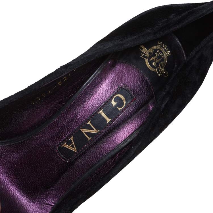 Pre Owned Gina Black Velvet Claire Platform Pumps Size 38.5