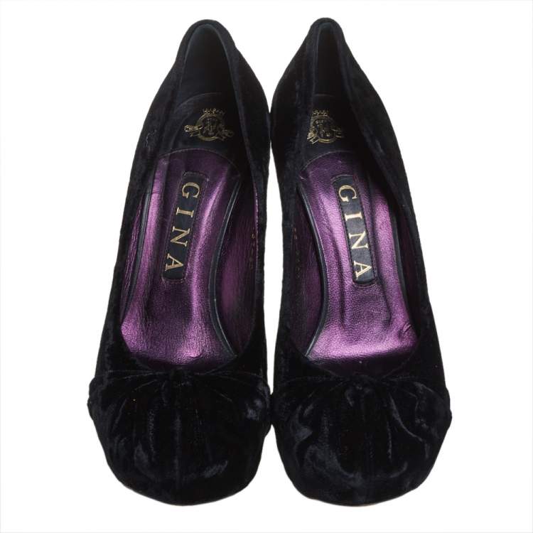 Pre Owned Gina Black Velvet Claire Platform Pumps Size 38.5