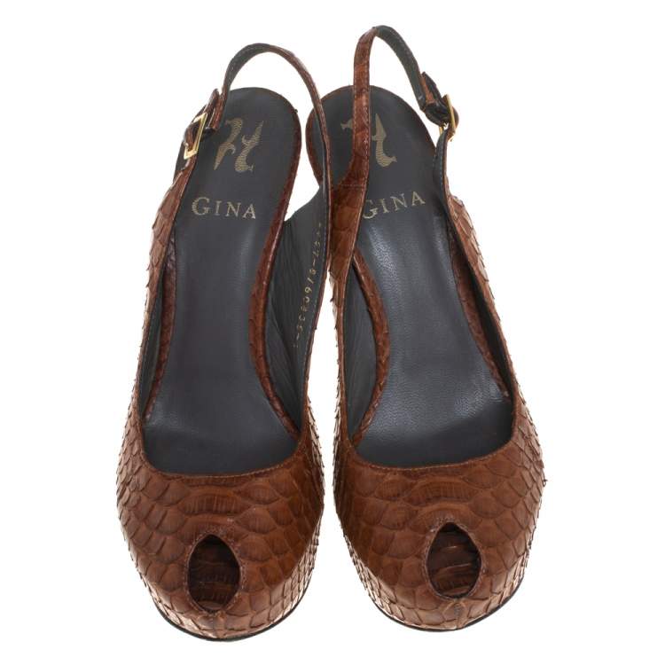 Pre Owned Gina Brown Python Peep Toe Platform Slingback Sandals Size 39