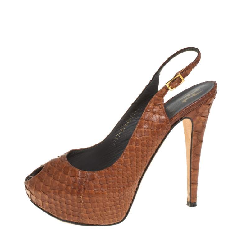 Pre Owned Gina Brown Python Peep Toe Platform Slingback Sandals Size 39