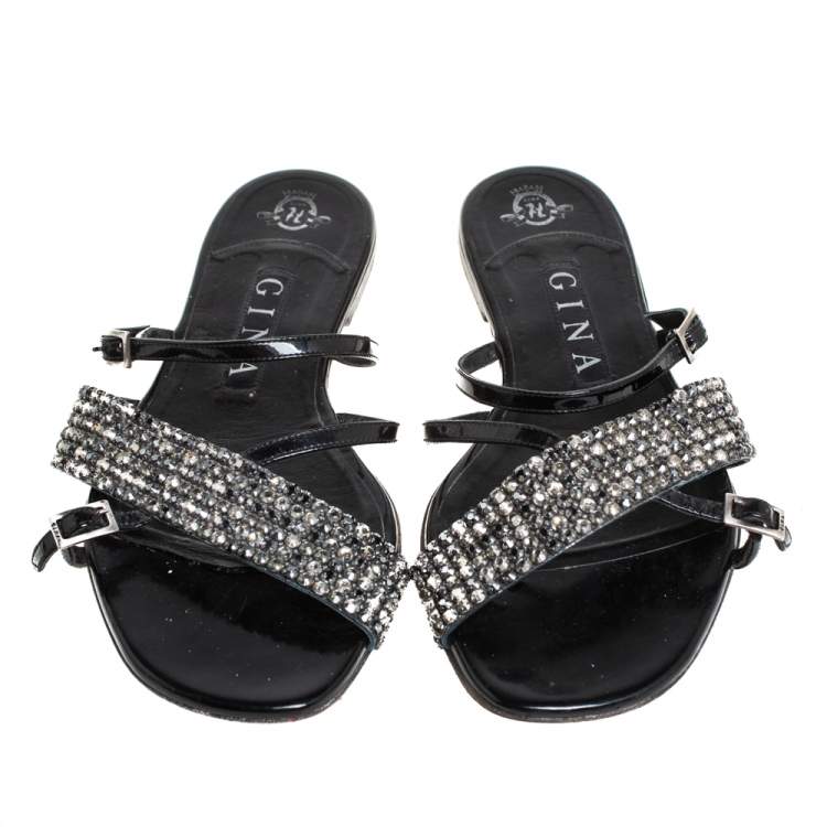 Pre Owned Gina Black Patent Leather Embellished Strappy Flat Sandals Size 39 