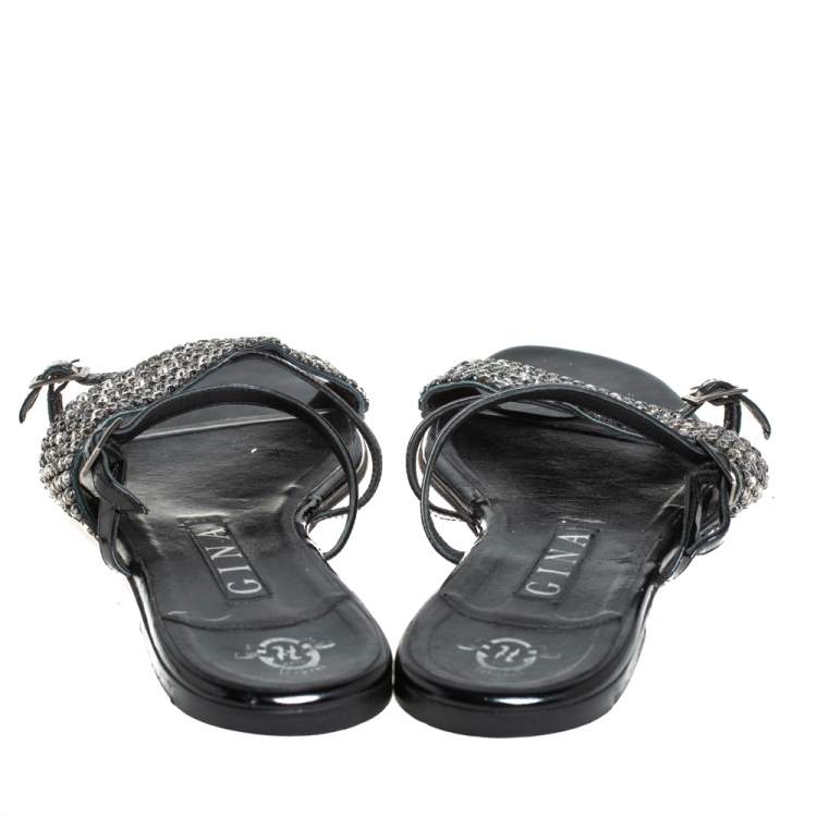 Pre Owned Gina Black Patent Leather Embellished Strappy Flat Sandals Size 39 