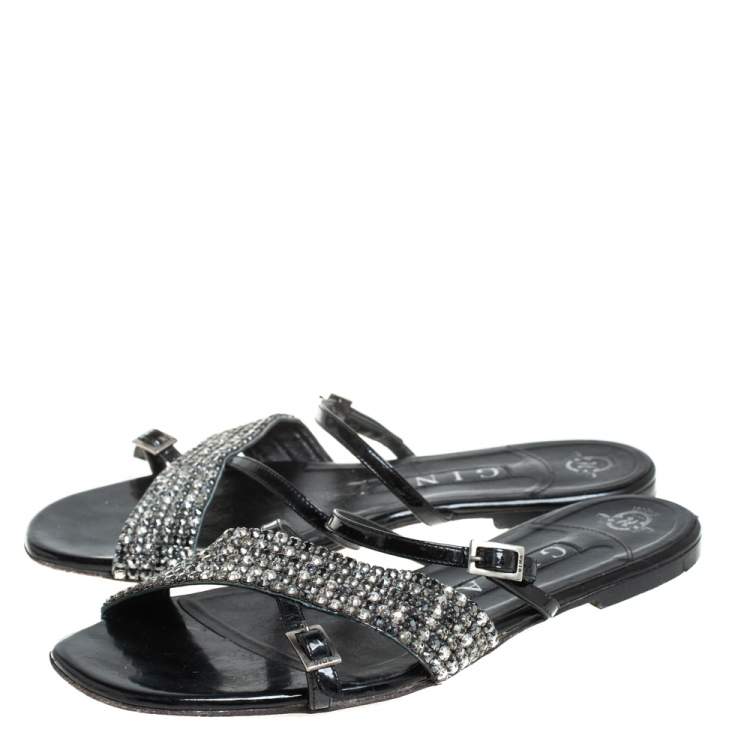 Pre Owned Gina Black Patent Leather Embellished Strappy Flat Sandals Size 39 