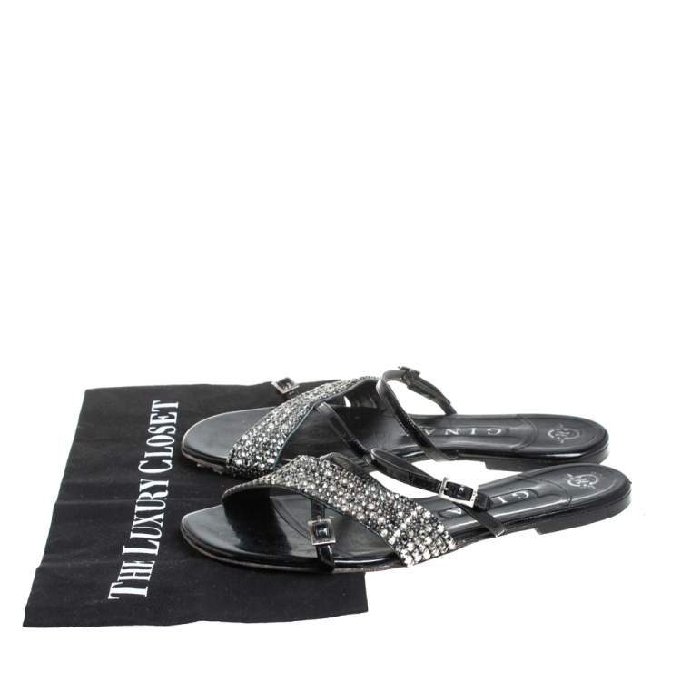 Pre Owned Gina Black Patent Leather Embellished Strappy Flat Sandals Size 39 