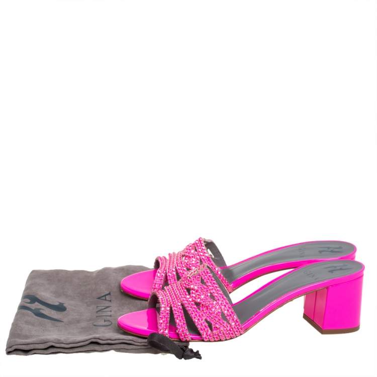 Pre Owned Gina Pink Crystal Embellished Leather Block Heel Slide Sandals Size 40