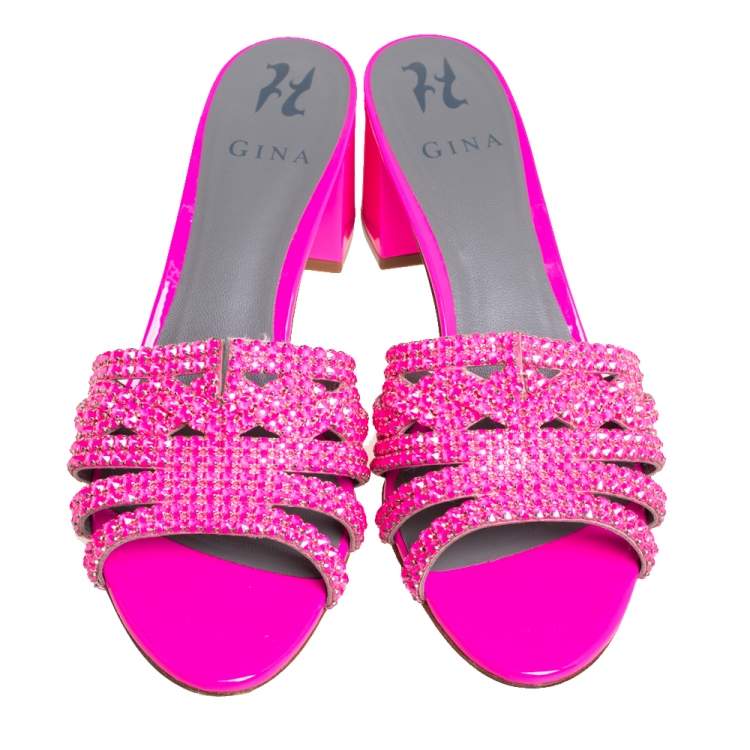Pre Owned Gina Pink Crystal Embellished Leather Block Heel Slide Sandals Size 40