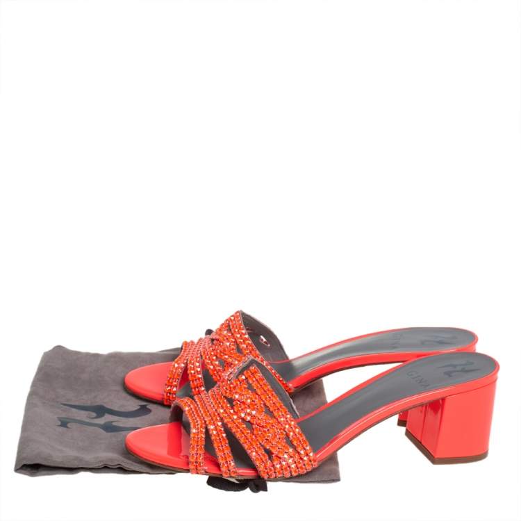 Pre Owned Gina Neon Orange Crystal Embellished Leather Block Heel Slide Sandals Size 40.5