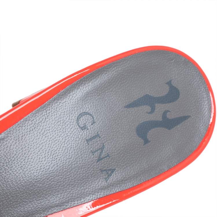 Pre Owned Gina Neon Orange Crystal Embellished Leather Block Heel Slide Sandals Size 40.5