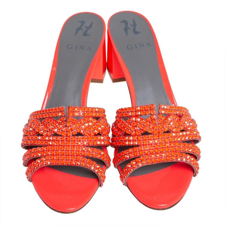 Pre Owned Gina Neon Orange Crystal Embellished Leather Block Heel Slide Sandals Size 40.5