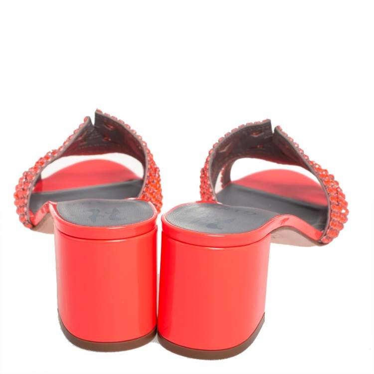 Pre Owned Gina Neon Orange Crystal Embellished Leather Block Heel Slide Sandals Size 40.5