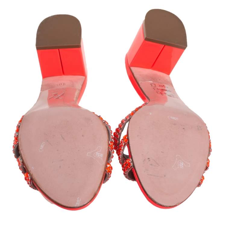 Pre Owned Gina Neon Orange Crystal Embellished Leather Block Heel Slide Sandals Size 40.5