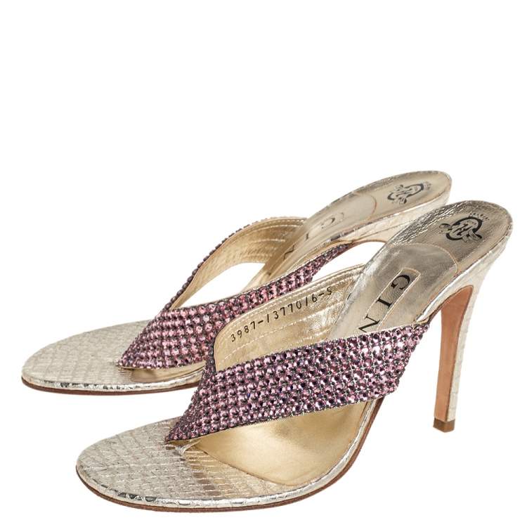 Pre Owned Gina Gold Leather Crystal Embellished Thong Sandals Size 38